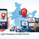 Android फोन से 112 कॉल पर Google Emergency Location Service के जरिए यूपी में पुलिस कंट्रोल रूम को लोकेशन भेजते हुए की डिजिटल इलस्ट्रेशन