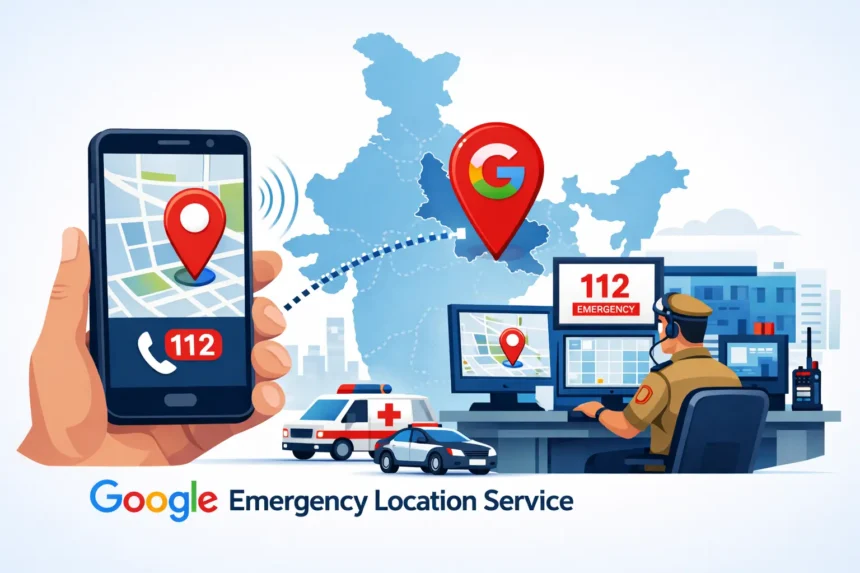 Android फोन से 112 कॉल पर Google Emergency Location Service के जरिए यूपी में पुलिस कंट्रोल रूम को लोकेशन भेजते हुए की डिजिटल इलस्ट्रेशन