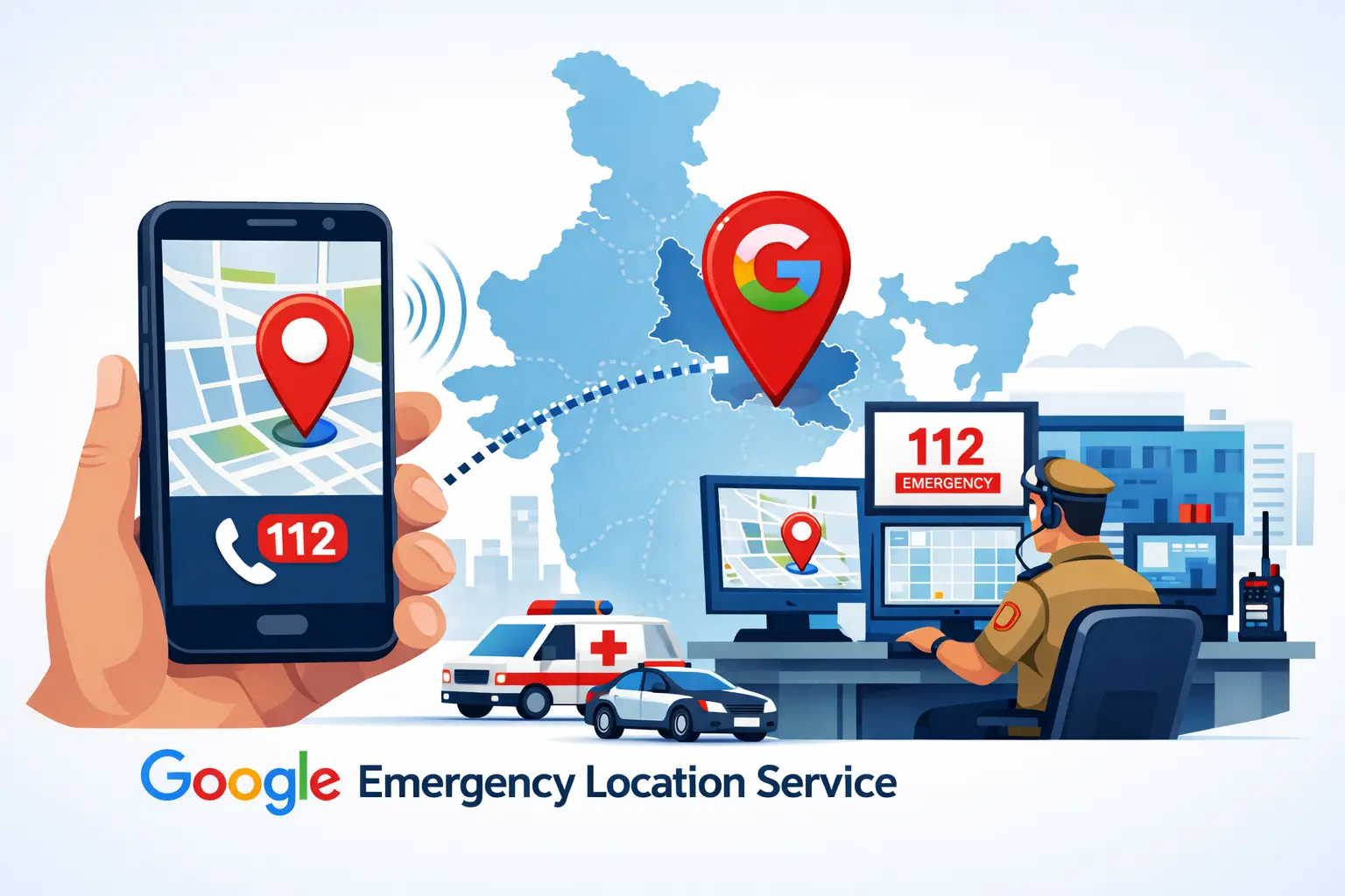 Android फोन से 112 कॉल पर Google Emergency Location Service के जरिए यूपी में पुलिस कंट्रोल रूम को लोकेशन भेजते हुए की डिजिटल इलस्ट्रेशन
