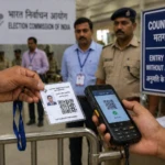 eci qr code id scanning at counting centre india