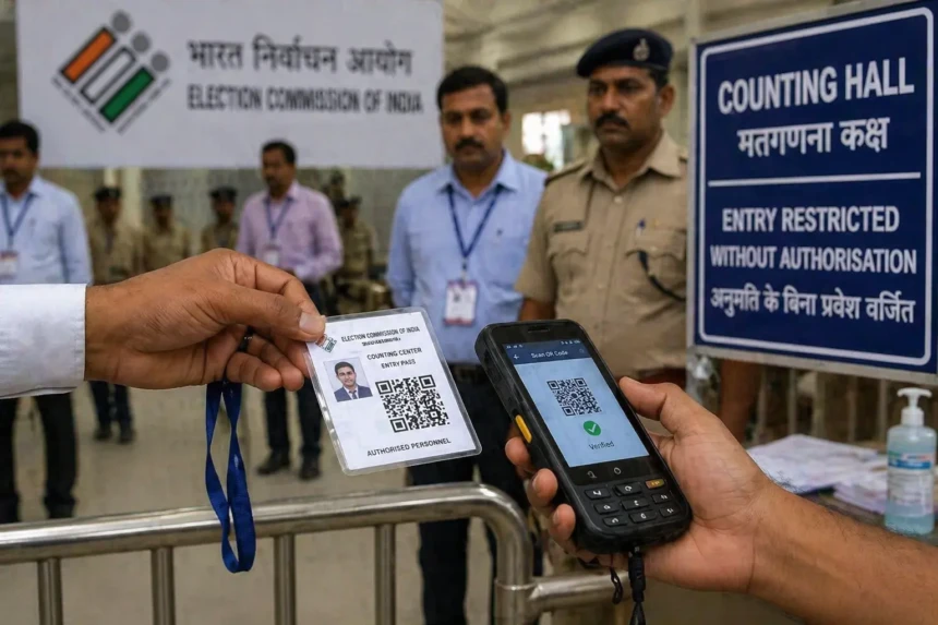 eci qr code id scanning at counting centre india