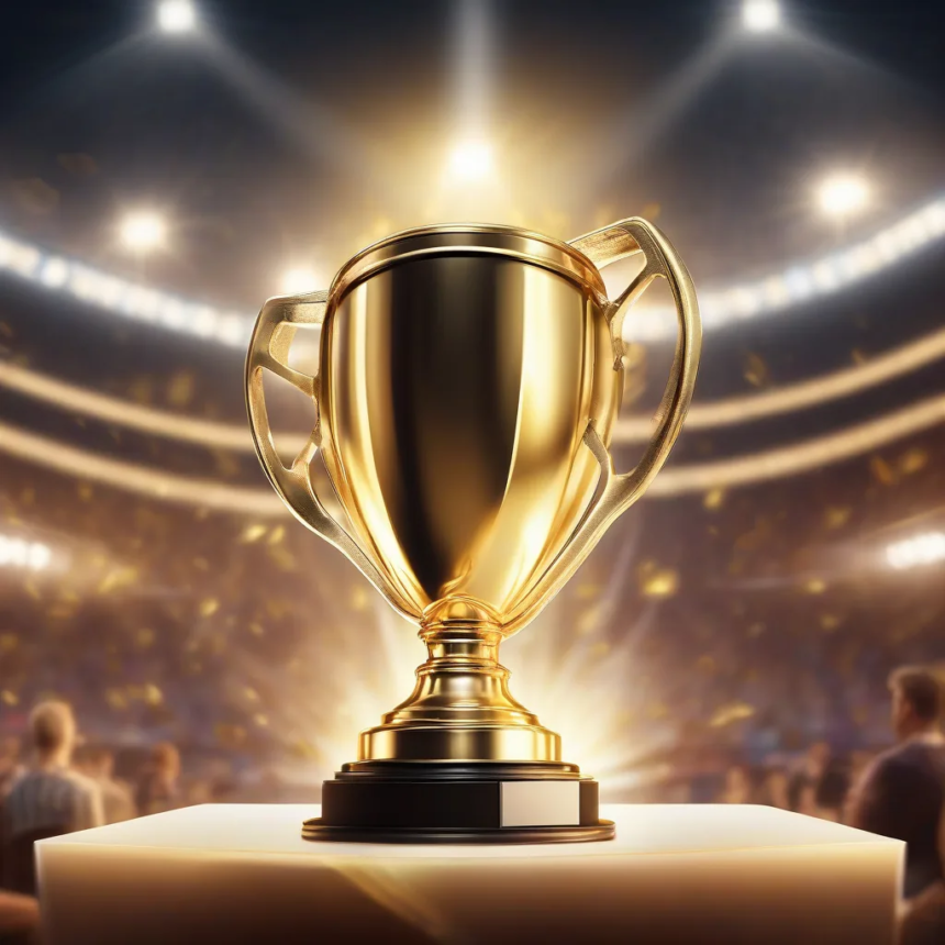 Ballon d'Or trophy on a stage under spotlights